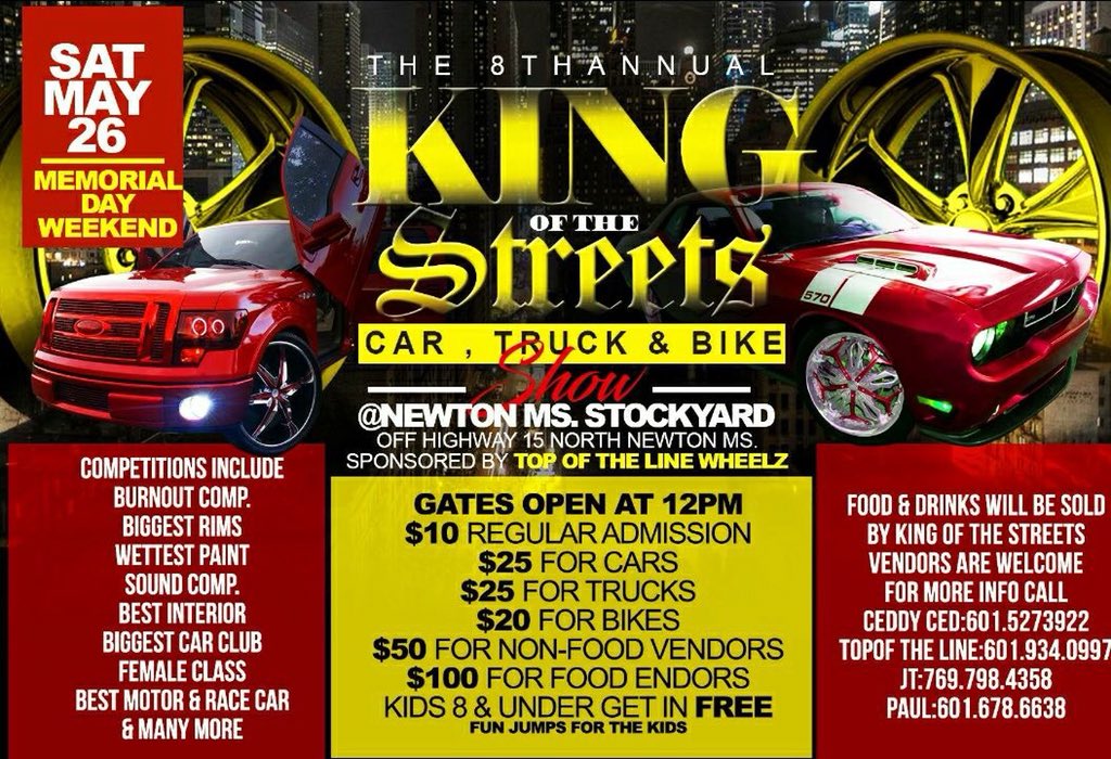 MyRayluv10's tweet photo. THE 8th ANNUAL  KING OF THE STREET CAR, TRUCK &amp; BIKE IS GOING DOWN SATURDAY MAY 26 2018 AT THE NEWTON STOCKYARD VENDOR OR WELCOME. COME CHECK OUT IT I PROMISE U WILL IN JOY IT.... AFTER PARTY AT MARYS PLACE....... https://t.co/xeZeLkoWA8