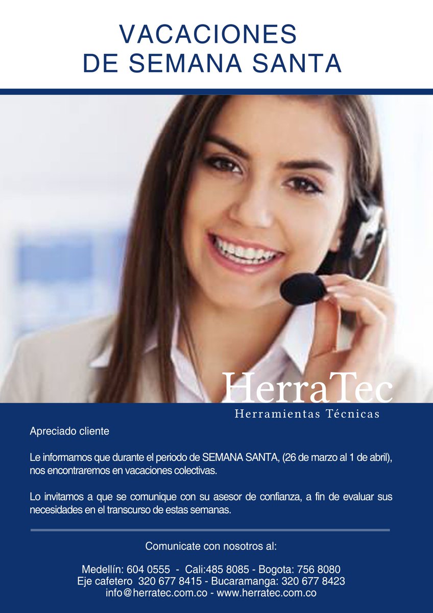 Herratec's tweet photo. Apreciado cliente

Le informamos que durante el periodo de SEMANA SANTA, (26 de marzo al 1 de abril), nos encontraremos en vacaciones colectivas.

Lo invitamos a que se comunique con su asesor de confianza, a fin de evaluar sus necesidades en el transcurso de estas semanas. https://t.co/UofTeMcJoe