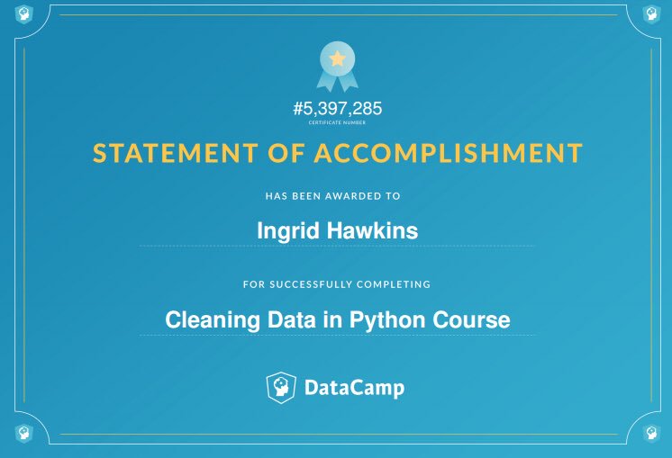 uniquely_ingrid's tweet photo. Happy International Women’s Day!  This woman is making strides in this Python coursework!  Cleaning up data!!@datacamp_official #yesicode #iwd2018 #wocintech #blacktechwomen #blacksintech #pythonprogramming #datascience https://t.co/5UdGMfdFct