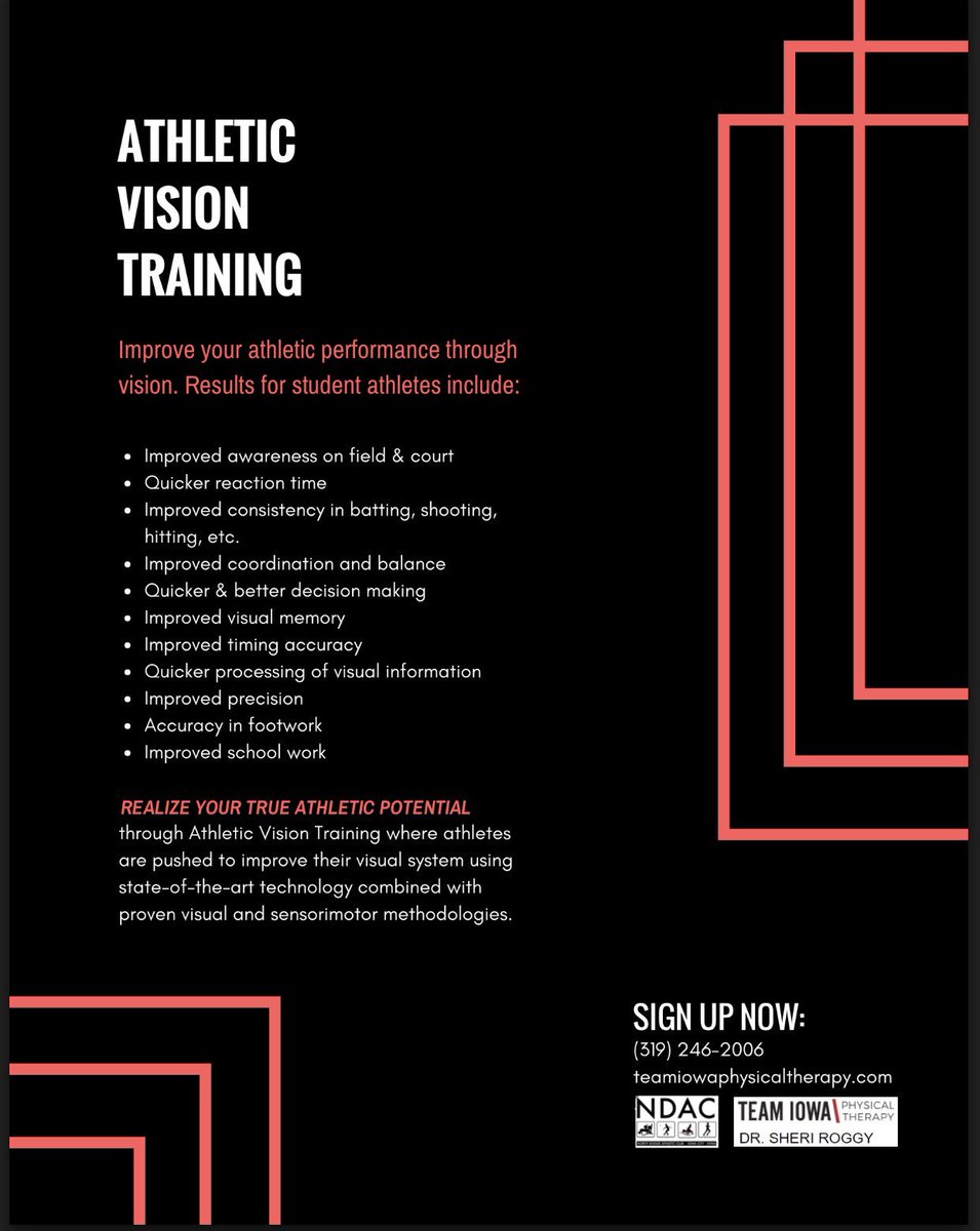 TeamIowaPT's tweet photo. Did you know we offer an Athletic Vision Training program for student athletes? We have partnered with Dr. Sheri Roggy who has created a comprehensive and customized program that delivers proven results! https://t.co/6ZgLZJpZjq