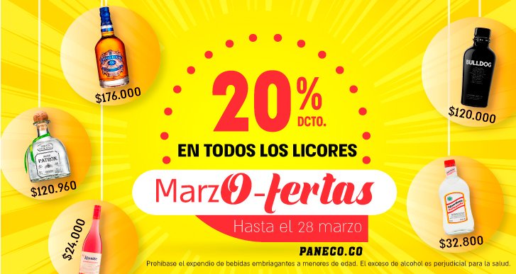 panecocol's tweet image. ¡MarzO-fertas en Paneco.co! Aprovecha el 20% en todos nuestros licores y SALUD!