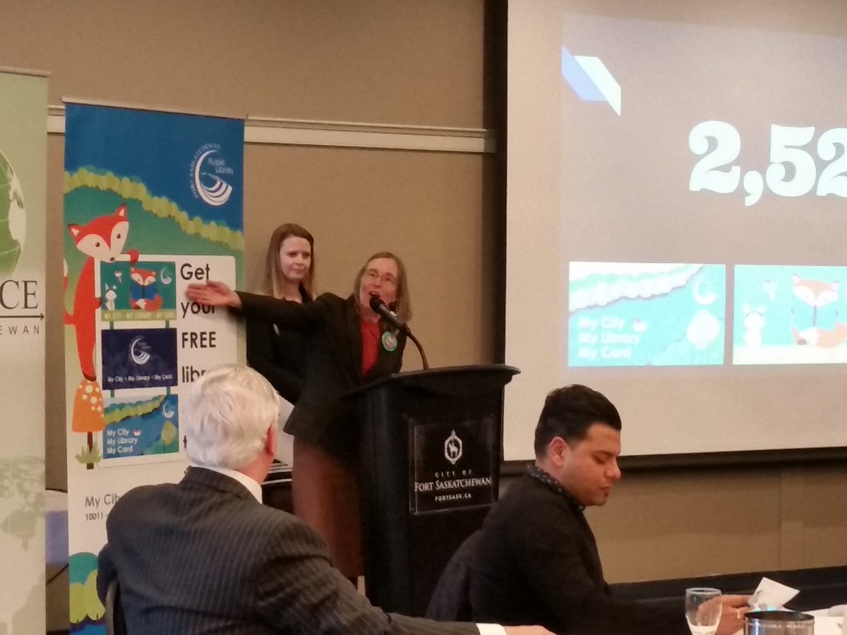 fortsasklibrary's tweet photo. The library hosted yesterday's @FtSaskChamber luncheon. Michele and Emily spoke about what the library offers to business owners, and Tania and Sue signed up lots of attendees for cards. #FortSask #CardInEveryHand https://t.co/hTOhcZk65a