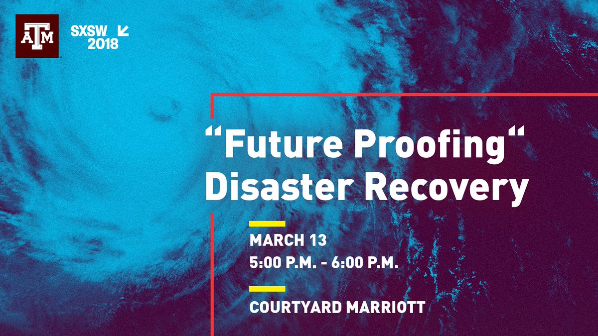 text "Future Proofing Disaster Recovery, March 13, 5 p.m. - 6 p.m., Courtyard Marriott" on the background of a hurricane from above
