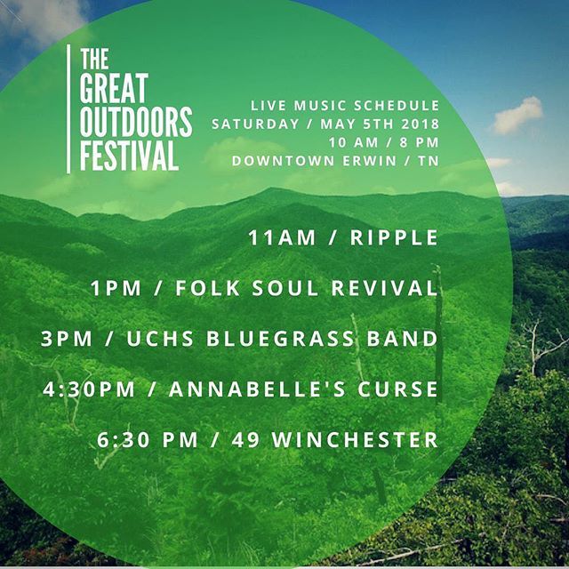 riseerwin's tweet photo. We are so excited to share the complete Great Outdoors Festival live music schedule! Don't forget the festival will be on Saturday, May 5th in the heart of downtown Erwin! Bring a friend (or two)! #thisiserwin #greatoutdoorsfestival #erwintn #zeroday #ap… https://t.co/ItUAPnwy0l https://t.co/Bn5bK3dZS1