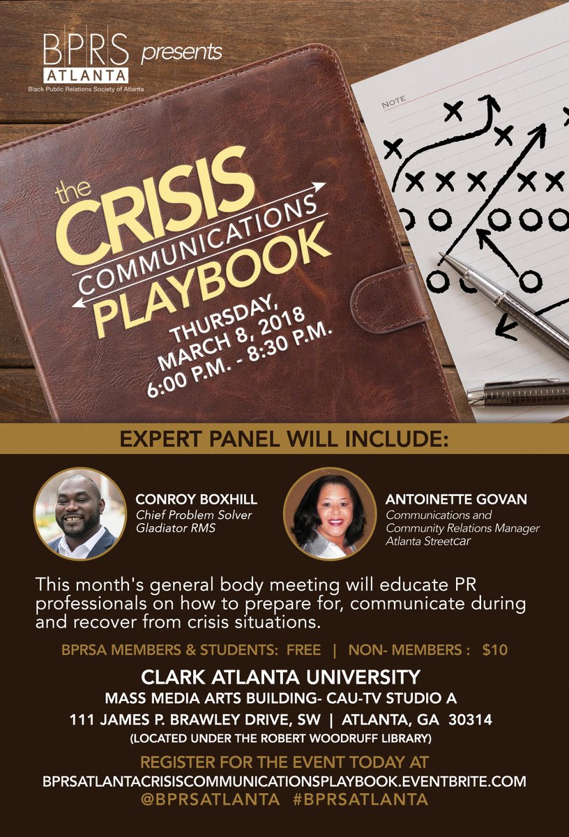 bprsatlanta's tweet photo. BPRS ATLANTA Presents the Crisis Communications Playbook Today at 6:00 p.m.! See you at #CAU! #BPRSATLANTA https://t.co/29kmHisBlT