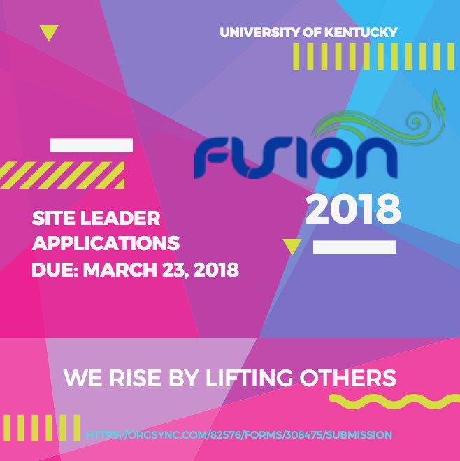 Sign up today to become a FUSION site leader! It’s a great way to serve your community! Applications close March 23rd! #UKFUSION2018
Apply here: orgsync.com/82576/forms/30…
