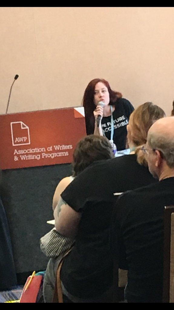 PeninaRoth's tweet image. #AWP2018 Jillian Weise, author of The Amputee's Guide to Sex, discussing the inaccurate portrayal of disabled characters by nondisabled writers at the excellent "Singing the Body Electric" panel. With @softskull.