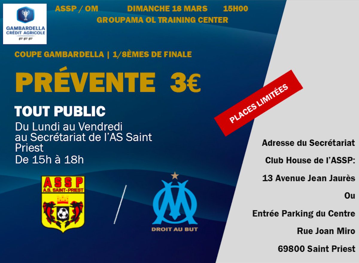 assaintpriest's tweet photo. #ASSPOM #Billeterie
Des pré-ventes sont prévues pour le match de Coupe #Gambardella face à l' @OM_Officiel au #GroupamaTrainingCenter !
Rendez-vous au Cluse House du club du lundi au vendredi entre 15h et 18h. https://t.co/nT92vmiPMx