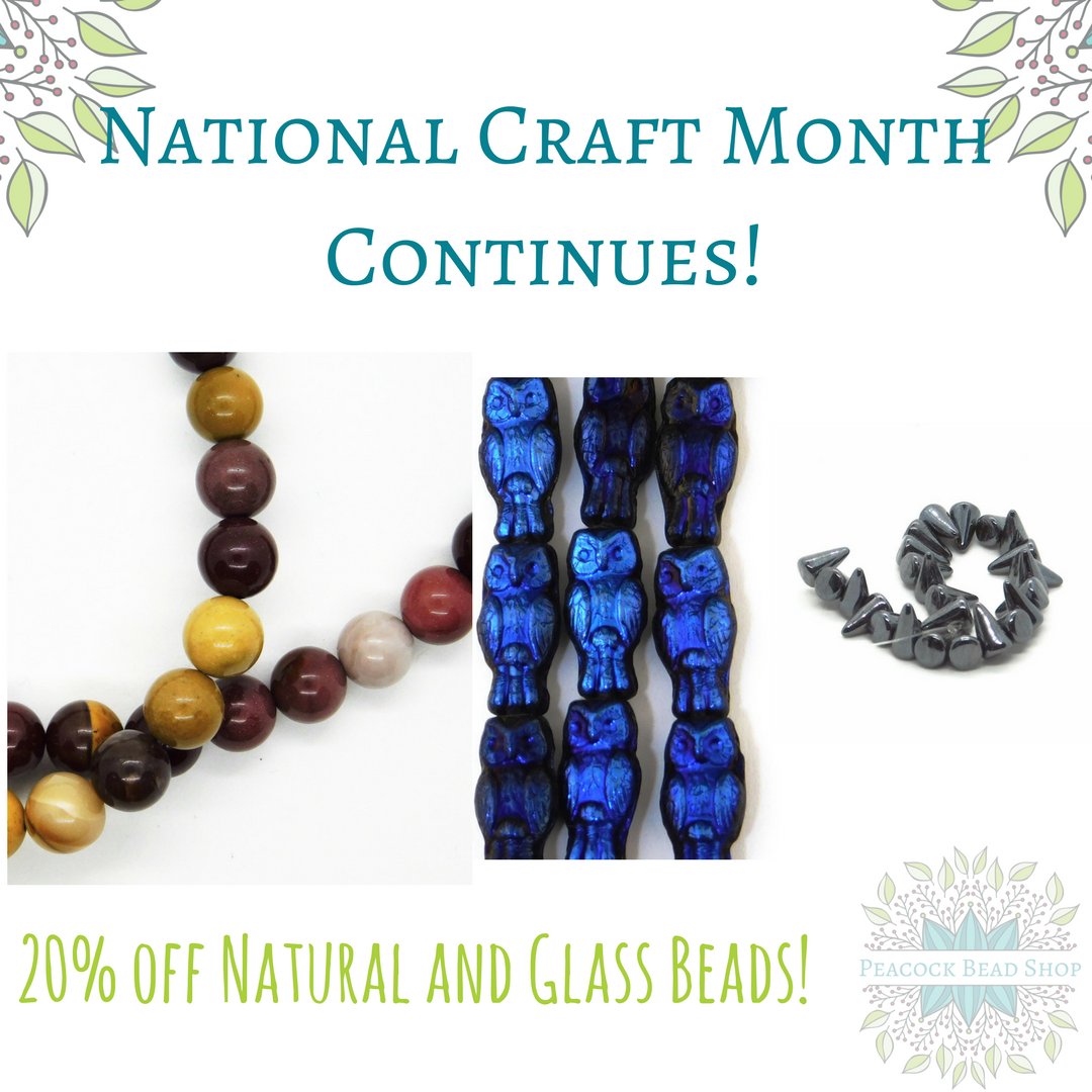 National Craft Month Sales: Week 2!  Natural and Glass Bead sections are 20% off!  No need to enter a code, simply add it to your cart, and checkout!  
PeacockBeadShop.Etsy.com #BeadSale #NationalCraftMonth #EtsyBeads #gemstones #czechglass