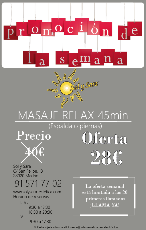 * Condiciones de la oferta semanal:
-La oferta tiene que ser consumida dentro de la semana de su publicación. 
-Para poder beneficiarse de la oferta es imprescindible indicarlo claramente en el momento de hacer la reserva telefónica, de no ser así se aplicará la tarifa sin oferta