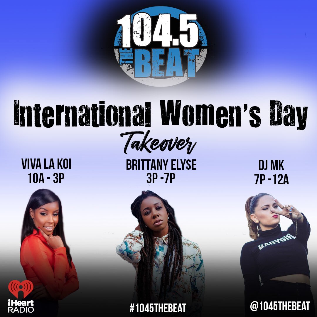 Happy #internationalwomensday 💗 ALL DAY the WOMEN of the BEAT ARE TAKING OVER! #tunein and Hit Us Up with your favorite Women songs! ☎️ 407-960-1045 the request lines are open! 
@vivalakoi 10a - 3p
<a href="/_Brittanyelyse_/">Brittany Elyse</a> 3p - 7p
<a href="/iamdjmk/">MK</a>  7p - 12a

#iheartradio #womenshistory