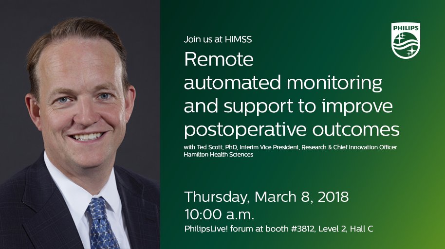 PhilipsLiveFrom's tweet photo. In 45 min join @HamHealthSci's @Chief_Innovator to discuss how remote automated monitoring and improvement postoperative outcomes in the #HIMSS18 Philips Live! Forum and on @PeriscopeCo https://t.co/1tG2wjS3f0 https://t.co/roBDrLz4fK