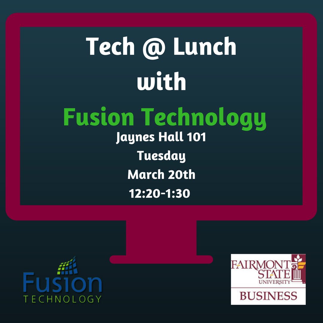 falcon_ism's tweet image. Join us on March 20th for a talk with Chris Ryan from Fusion Technology! A great opportunity for learning and networking for all FSU &amp;amp; PCTC students! #fusiontech #learn #lecture #fairmontstate #joinus #ISM #university #college #business