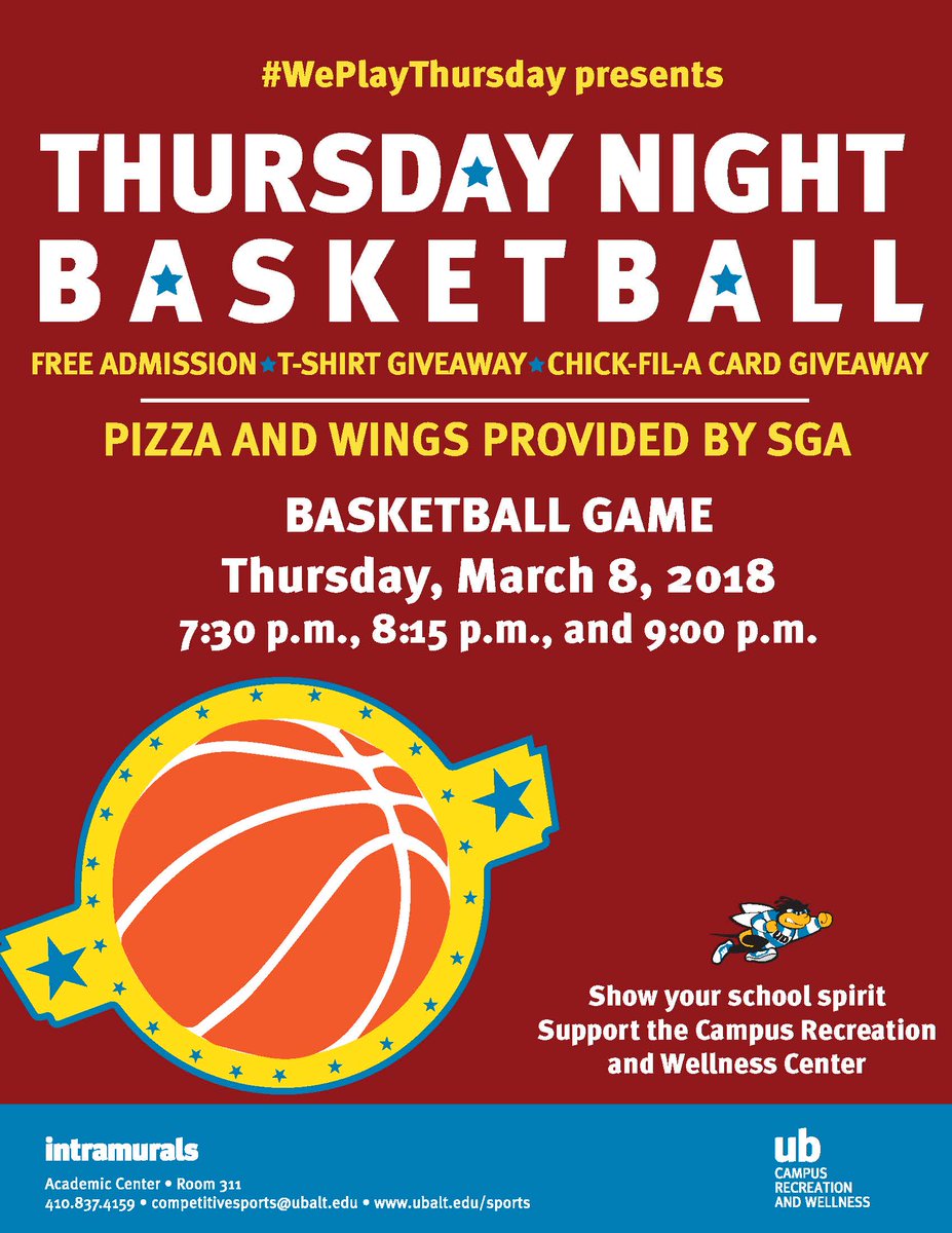 UBCampusRec's tweet photo. Come on out tonight to watch some basketball, eat some wings &amp; pizza, get a t-shirt, &amp; possibly win a gift card to chick-fil-a!
It stats at 7:30 p.m. tonight in the Rec Center! Don't miss it! #WePlayThursday #WePlayEveryday https://t.co/FyuSWWgT51