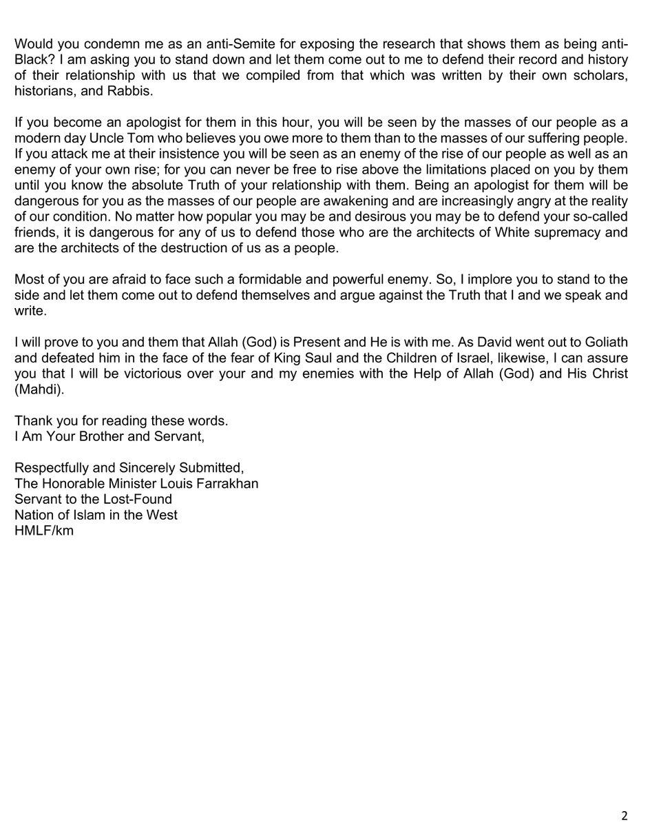 ArifMuhammad37's tweet image. AN OPEN LETTER TO BLACK LEADERSHIP, July 19, 2010 From the Honorable Minister Louis #Farrakhan, dealing with the Jews."Most of you are afraid to face such a formidable and powerful enemy. So, I implore you to stand to the side and let them come out to defend.