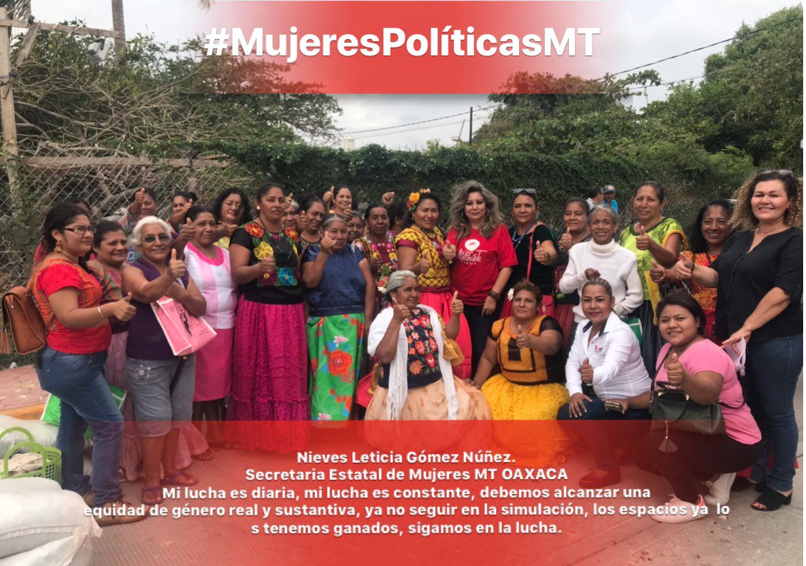 MT_Nacional's tweet photo. #MujeresPolíticasMT: “Mi lucha es diaria. Debemos alcanzar una equidad de género real y sustantiva; ya no seguir en la simulación. Los espacios ya los tenemos ganados. Sigamos en la lucha”, Nieves Leticia Gómez Núñez, Secretaría Mujer en Movimiento Oaxaca https://t.co/LQ3l8LEvC4