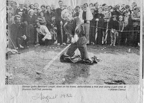 GolfShannon's tweet photo. A young @BernhardLanger6 entertaining the crowd in Shannon Golf Club in 1982 watched on by @torrancesam do you recognize anyone else in the picture? Maybe you were there yourself.😀 Great picture of these two @RyderCupEurope legends ⛳️ #Tbt  #shannongolfclub #rydercup #ireland https://t.co/Xj11rW710u