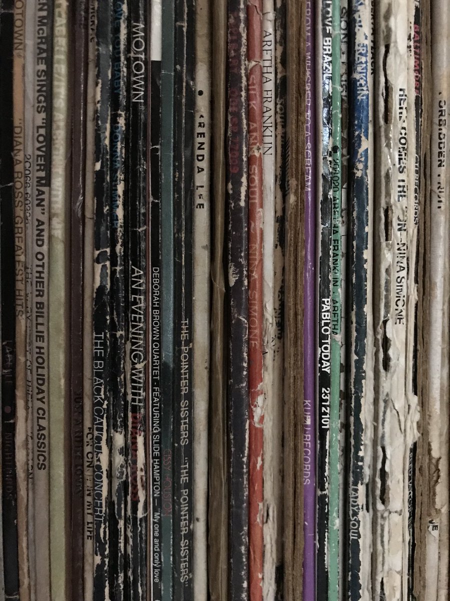 A photo of the vinyl record albums of James Baldwin, from the group that takes care of his home in Paris.