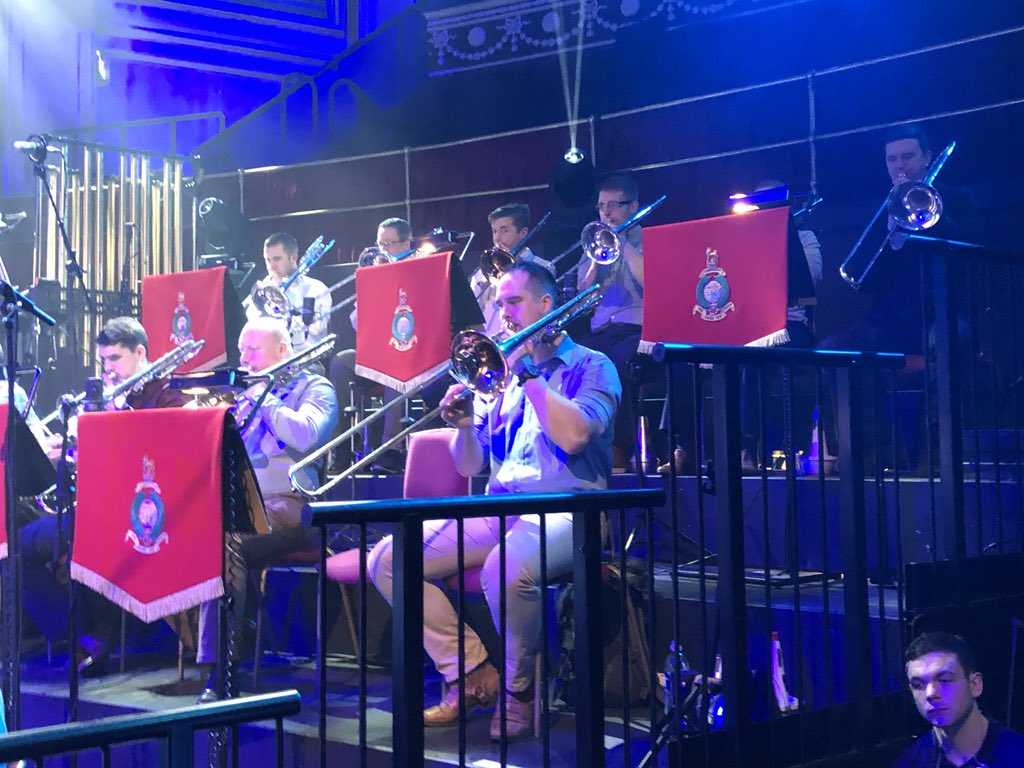 johnsuchet1's tweet photo. That’s what I call a brass section. 9 trombones! @RMBandService https://t.co/Zu9HFG301T