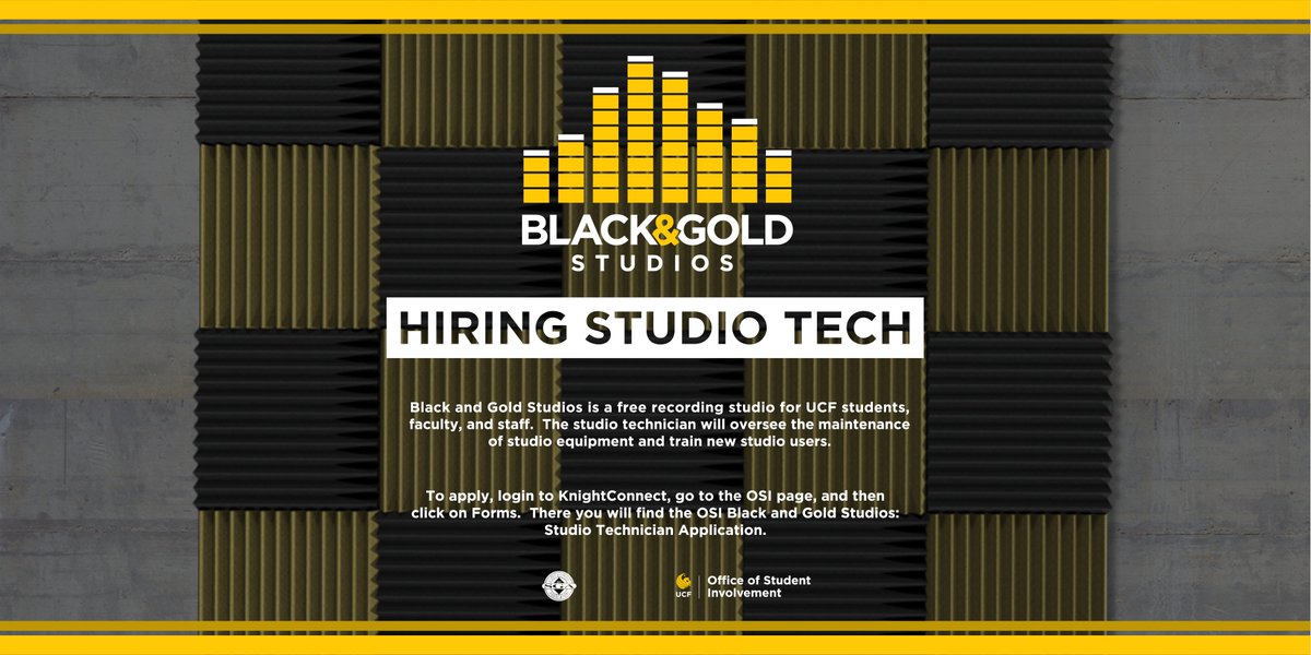 osistudios's tweet image. Looking for invaluable experience managing the coolest recording studio on campus? We're hiring! 🙌🎙️

To apply for Studio Tech, visit 👉 ucf.campuslabs.com/engage/ and search "OSI"