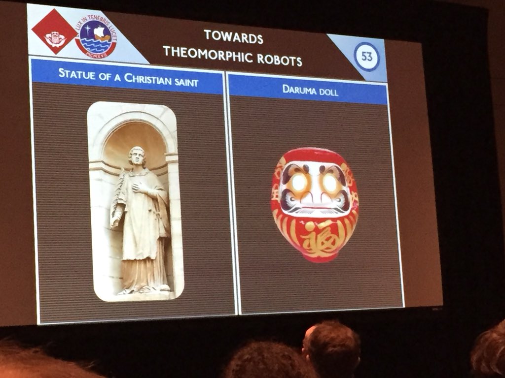 Johnathan Vitale shares his theomorphic robots (designed after divine objects). So far responses are good “as long as you don’t call it a robot.” <a href="/hri2018/">hri2018</a> #robots #religion