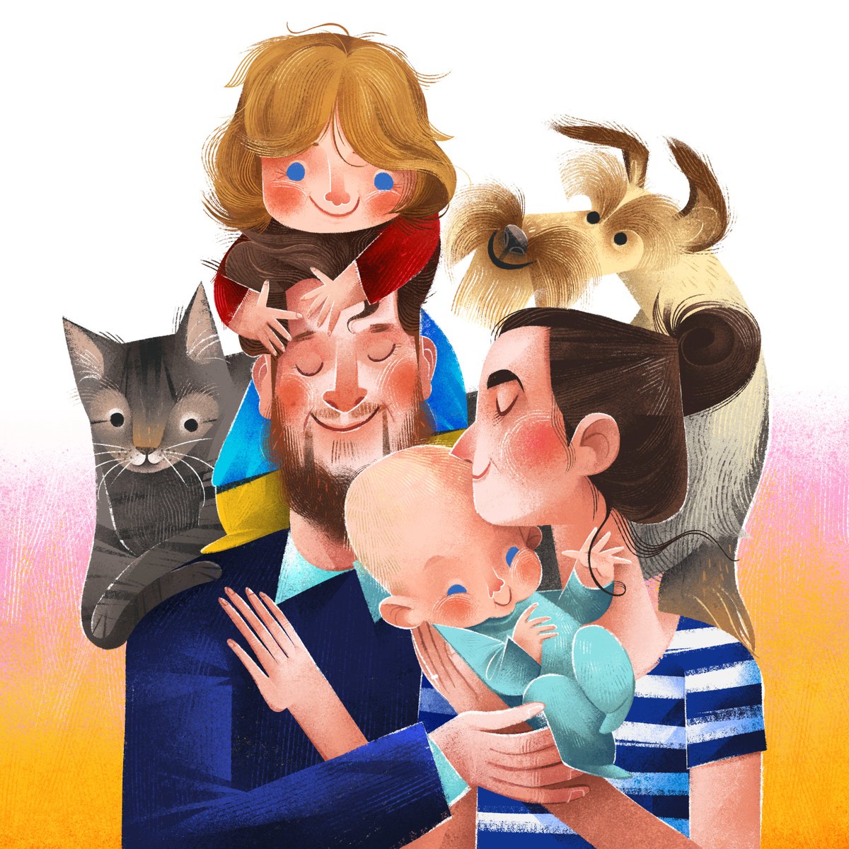 Family illustration for a friend. His wife commissioned me to illustrate  a card. It was fun. I love drawing happy things :) #card #design  #illustration #retro #family #portrait #baby #cat #dog #illo #print #tabby #child #children #wife #husband #mum #dad
