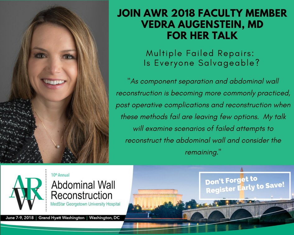AWRConference's tweet photo. Join Vedra Augenstein, MD at AWR 2018! Looking forward to seeing you there. #awr #componentseparation #HerniaSurgery #AbdominalWallReconstruction #cme #EastCoast #surgeons https://t.co/IWrlRxxZRG