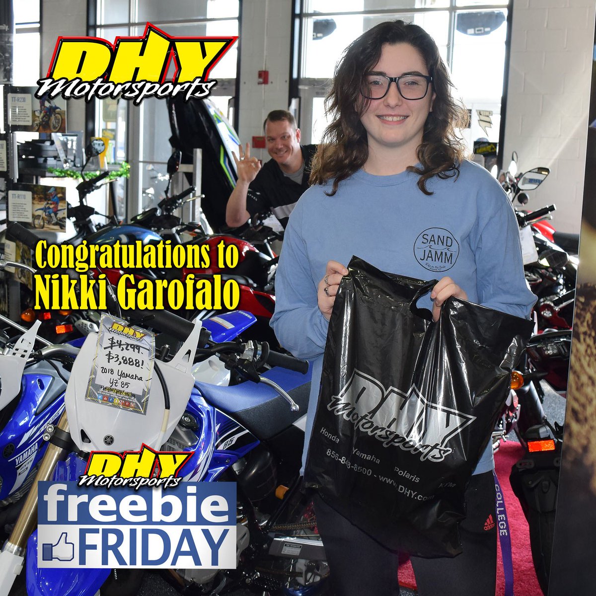 DHYNJ's tweet photo. Congratulations to Nikki Garofalo who is last week's #FreebieFriday winner! She walks with a @VictoryBikes women's shirt, @ProTaper grips and keychain, @ebcbrakes hat and a @DHYNJ #swagbag. As always, #FunckmasterFlash #photobombs are complimentary. https://t.co/LQVwtIvOuk