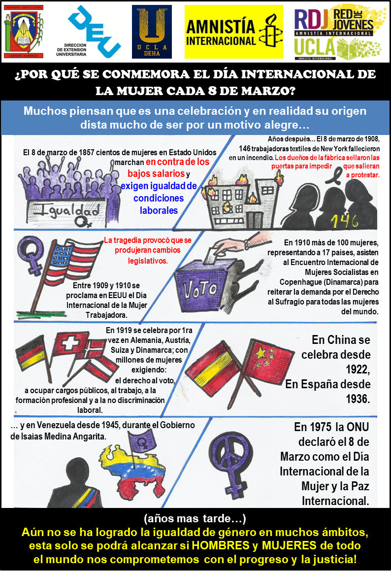DEUcla's tweet photo. Red UCLA-AIVen informa:

¿Por qué se conmemora el Día Internacional de la Mujer?
¿Por qué no es una celebración feliz?

En la siguiente infografía, realizada por el Br. Rafael Andrés Torres, Estudiante de Artes Plásticas del DEHA y Activista de la Red, te explicamos los motivos. https://t.co/7Jg0nYn9mg
