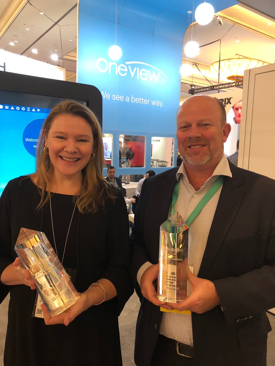 OneviewHC's tweet photo. Our partner Cheryl McCullagh (@CherylMccullagh @westmeadkids) and CEO James Fitter (@jnfoz1) celebrate winning the @Microsoft Innovation Award for "Engage Your Patients." 🎉 #patientengagement #ptexp #HIMSS18 #engage4health https://t.co/oRtmRUwc1K