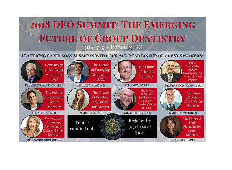 groupdentistry's tweet photo. DEO: The #Dentist #Entrepreneur Organization is excited to announce that its 2018 Emerging Future of Group #Dentistry Summit will be held June 7-9 in Phoenix: https://t.co/jb9DTV14mk. Don't miss out on important #dental news, education, and events: https://t.co/U4OOPj0VzA. https://t.co/z5GPpoR1Et