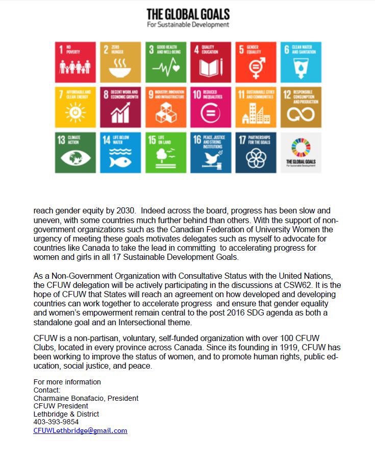 Heather Oxman, VP & resident of Lethbridge will be a delegate for @CFUWFCFDU #UNCSW62 in #NYC taking place from March 12-23, 2018. Lets promote of gender equality & empowerment of women. #yql #InternationalWomensDay #WomensDay2018 #cfuw