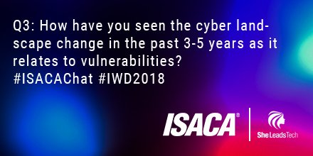ISACANews's tweet photo. Q3: How have you seen the cyber landscape change in the past 3-5 years as it relates to vulnerabilities? #ISACAChat #IWD2018 #InternationalWomensDay https://t.co/VoopI49qFh