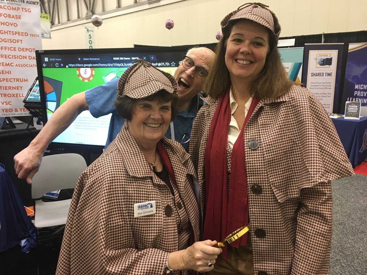 cummingsl's tweet photo. Found another savings detective at @remcsave booth at #macul18 Conference! Our esteemed Ex. Director, Sue Schwartz, & the #remcsave team can tell you about all kinds of savings on great things for your classroom! @SteveSchmunk may be a photo bomber, but he can help you save too! https://t.co/gUnr8EljVJ