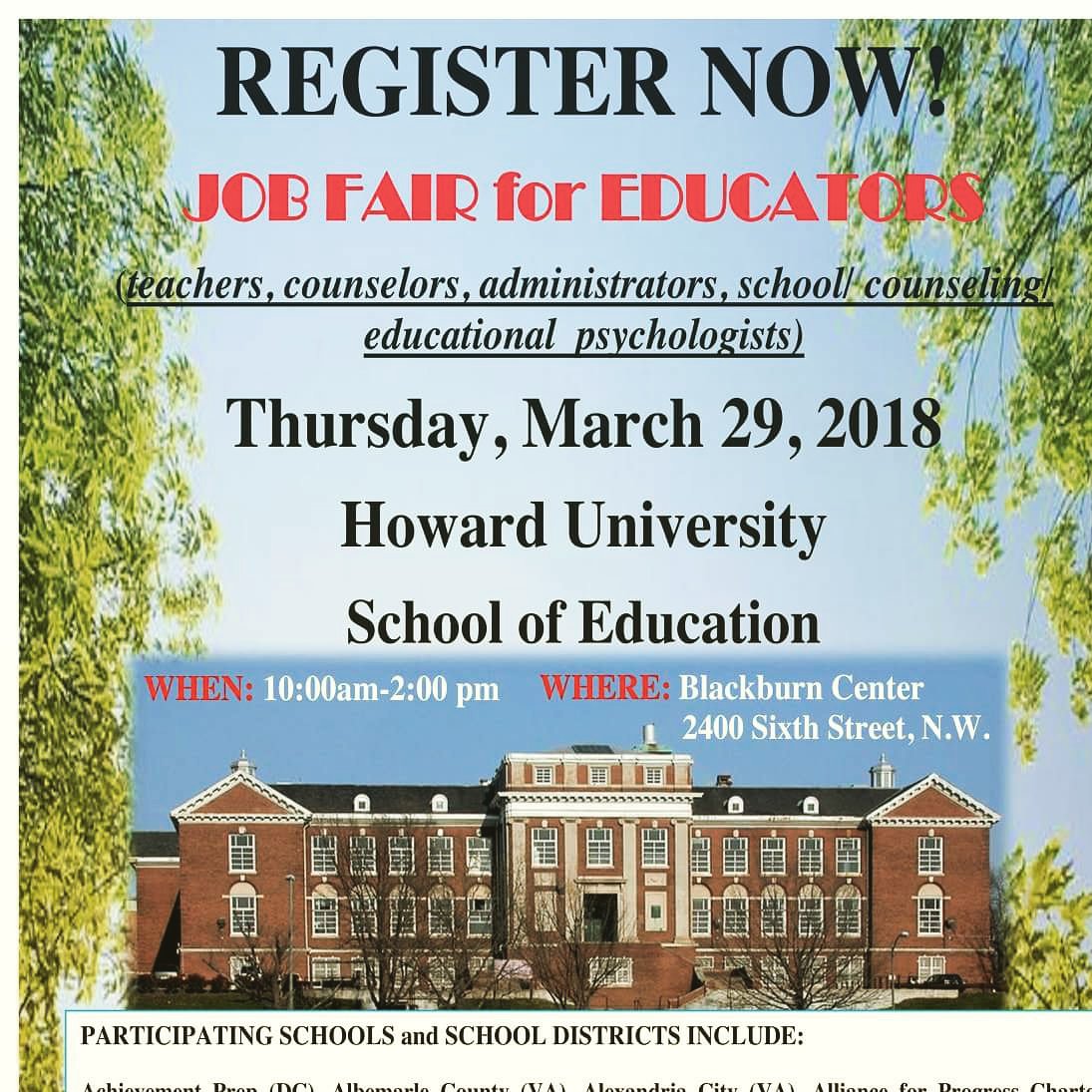 catholicueduc's tweet photo. Another Job Fair for Educators!
Howard University School of Education will host its 11th Annual Job Fair for Educators on Thursday, March 29, 10:00 a.m. to 2:00. Visit the Department of Education Jobs webpage:https://t.co/PYK1GsKoax https://t.co/o81oYIqfoo