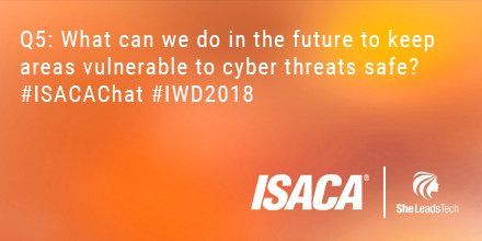 ISACANews's tweet photo. Q5: What can we do in the future to keep these groups safe? #ISACAChat #IWD2018 #InternationalWomensDay https://t.co/xu74vDuCq7