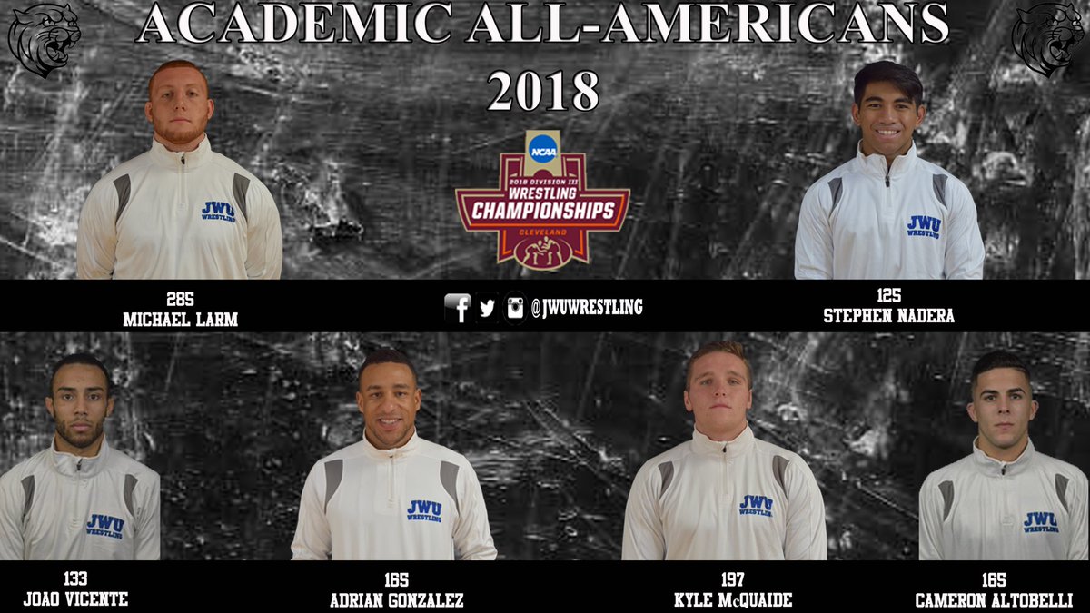 JWUWRESTLING's tweet photo. Congrats to our 6 JWU Wrestlers who attained Academic All-American Status. A wrestler must maintain a 3.2 GPA and have a 67% Win Average. A tough feat to do with our tough schedule. @soundthe_a_larm @stephen.nadera @flight_94 @alto_cam @kylemcquaide @eh_yooo_adriannn https://t.co/A1eRIVD4bD