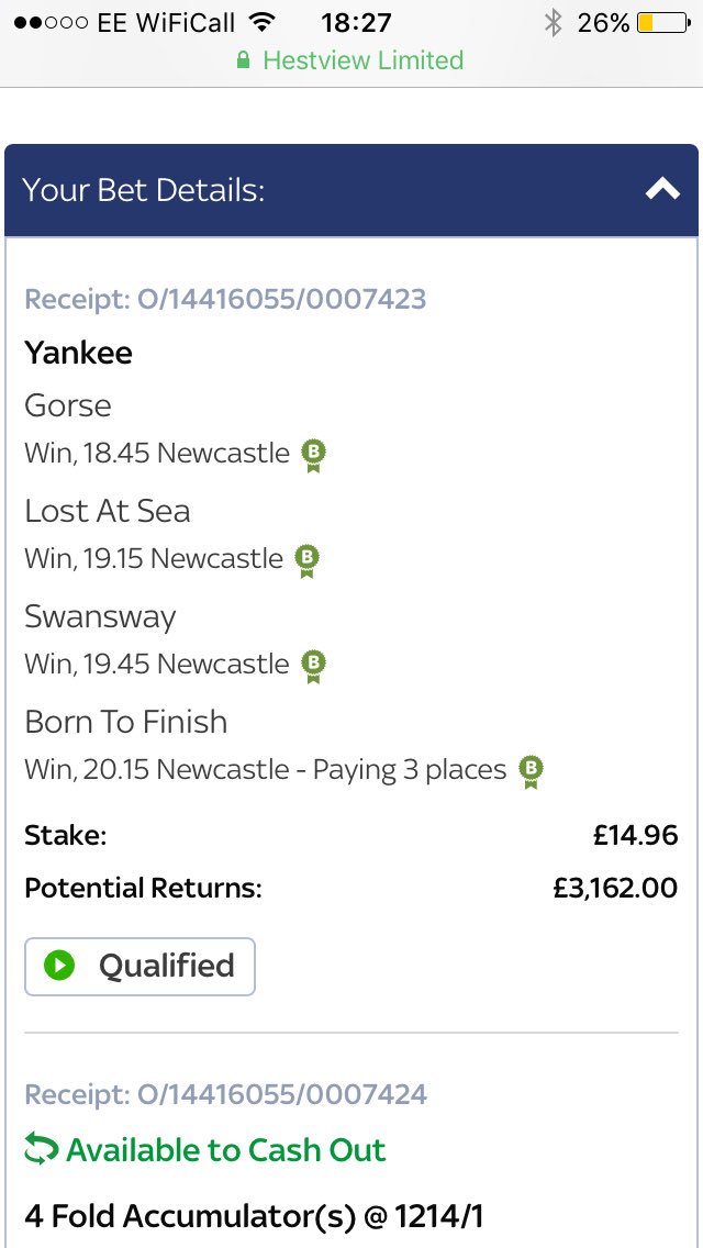 comeracingtips's tweet image. Yankee for the last 4 races at Newcastle. 1200/1 !