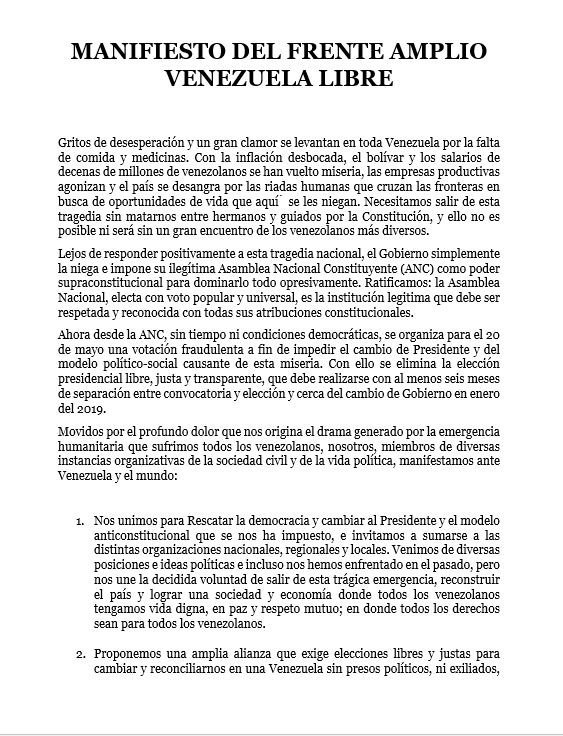 ADemocratica's tweet photo. Manifiesto del Frente Amplio Venezuela Libre #VamosDeFrentePorVenezuela #8Mar https://t.co/KABKvBjKza