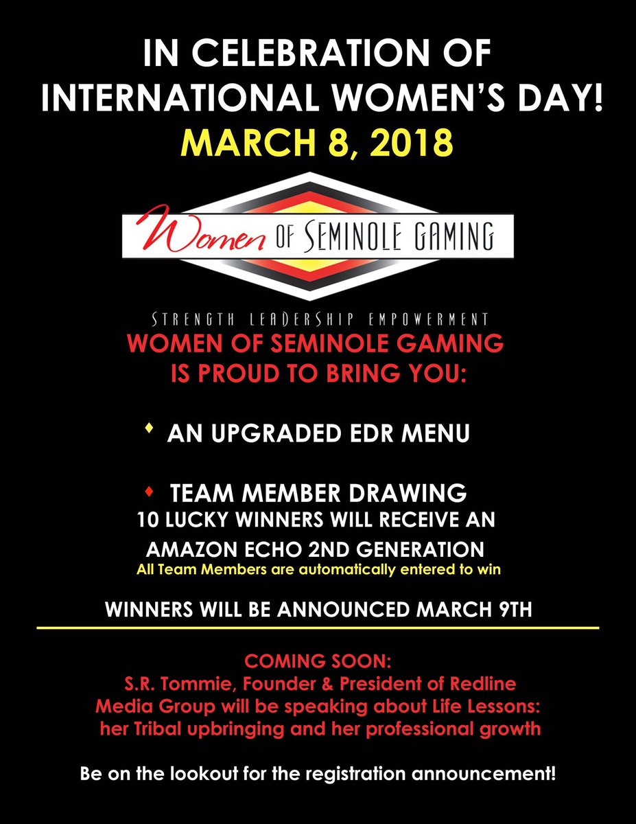 RockinGarnetGal's tweet photo. In celebration of #InternationalWomensDay #WomenOfSeminoleGaming is proud to offer all Team Members an elevated menu in our EDR. Thanks, Team F&amp;B for the fabulous feast! 

And coming soon S.R. Tommie will discuss life lessons, including personal growth #education #empowerment https://t.co/uVmGujEb2w