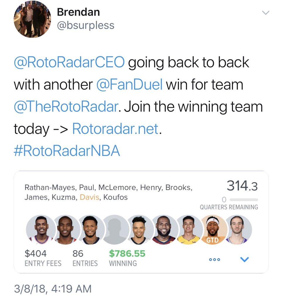 JustRoto's tweet photo. โธ #RotoRadarNBA REWIND 3/7 โฎ
๐ A winning night on @FanDuel, @FantasyDraft & @DraftKings!
๐ @dillonbrooks24 gets the #MAS47GoldStar.
๐ฅ @arby2342 wins a FREE $30 Prize for retweeting my giveaway last night.
๐๐ป #GoodSkill
๐ Sign up here: https://t.co/djreFvWxUP (MAS47) https://t.co/QFLrMj7jkE