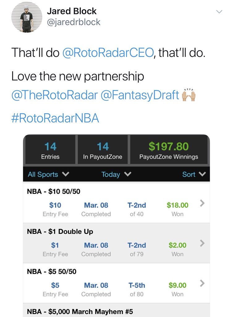 JustRoto's tweet photo. โธ #RotoRadarNBA REWIND 3/7 โฎ
๐ A winning night on @FanDuel, @FantasyDraft & @DraftKings!
๐ @dillonbrooks24 gets the #MAS47GoldStar.
๐ฅ @arby2342 wins a FREE $30 Prize for retweeting my giveaway last night.
๐๐ป #GoodSkill
๐ Sign up here: https://t.co/djreFvWxUP (MAS47) https://t.co/QFLrMj7jkE