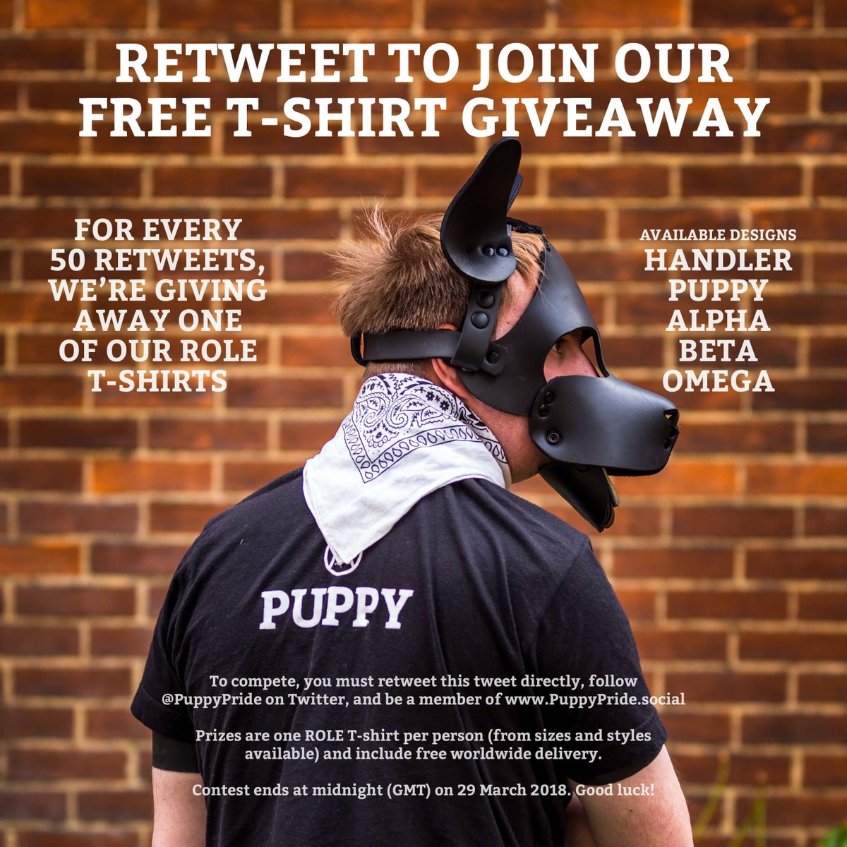 RETWEET THIS TWEET TO JOIN OUR FREE T-SHIRT GIVEAWAY! We're giving away ROLE T-shirts to 1 in 50 people who retweet this tweet between now and midnight (GMT) on 29 March 2018. Just make sure you follow us on Twitter, and are signed up to puppypride.social Good luck!