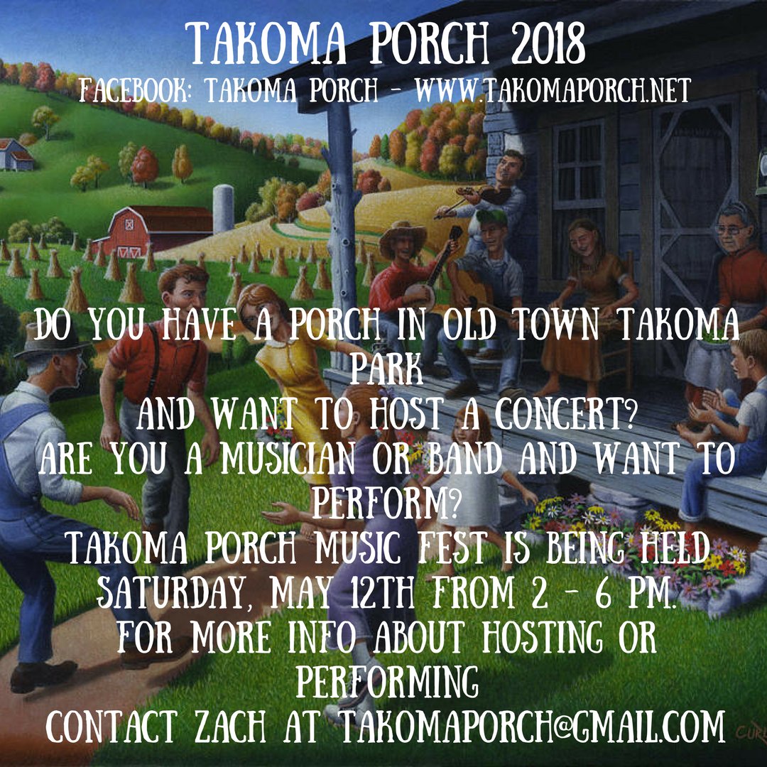 6th annual Takoma Porch is Sat, May 12 2 - 6 PM in Old Town Takoma Park. Looking for porches to host music. Help us keep this community tradition alive. Email takomaporch@gmail.com #takomaporch #porchfest #takomaparkmd