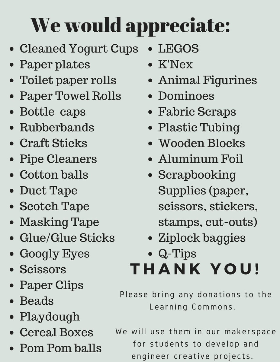 ShakoJacksonLC's tweet photo. Accepting donations for our makerspace including LEGOS, Knex, magnatiles, and other supplies now AND throughout the year. PLEASE look at the photo with our wishlist of supplies.  @ShakopeeSchools #educationforward https://t.co/EEHtfeF6Rh
