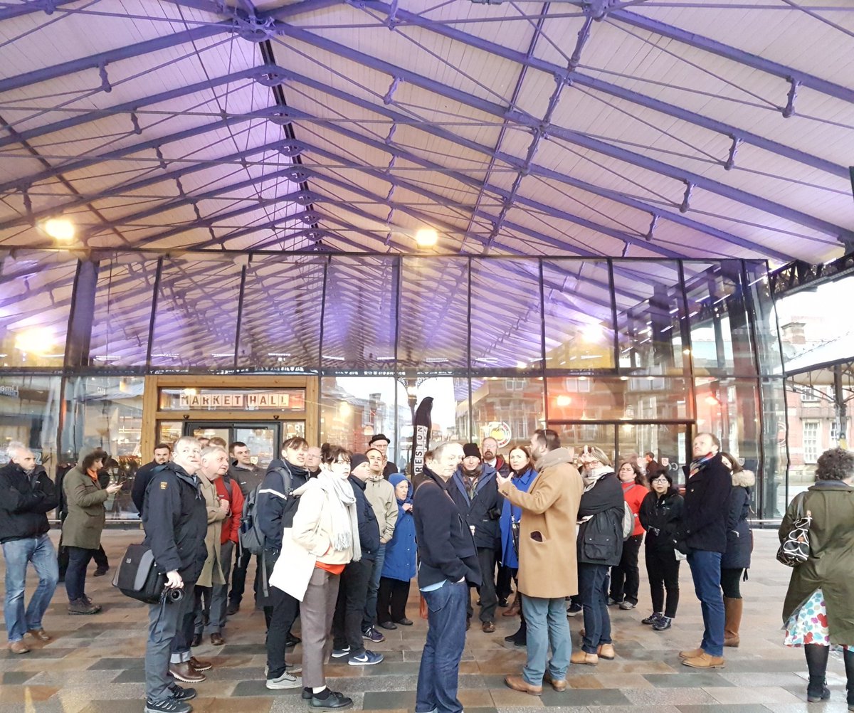 _CONLON_'s tweet photo. Tonight we hosted a visit by @IHBCtweet to @prestonmarkets A classic example of a heritage structure being brought back to life and impacting on the surrounding area. Strategic investment by our client @prestoncouncil 
@JB_FWP spoke to the visitors about the design concept/result https://t.co/tLLwetJfa7