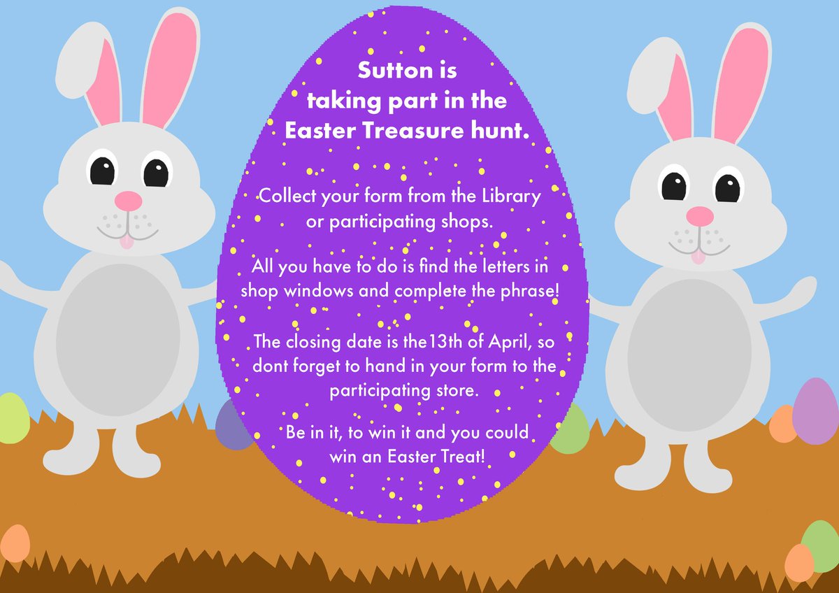 vickicollins01's tweet photo. Did you know #SuttonLibrary is taking part in the Easter Treasure Hunt? Collect your form today and join in for a chance to win a Special Easter Treat! @NottsLibraries @ADCAshfield #free #childrens #suttoninashfield https://t.co/Gtbrc38yul
