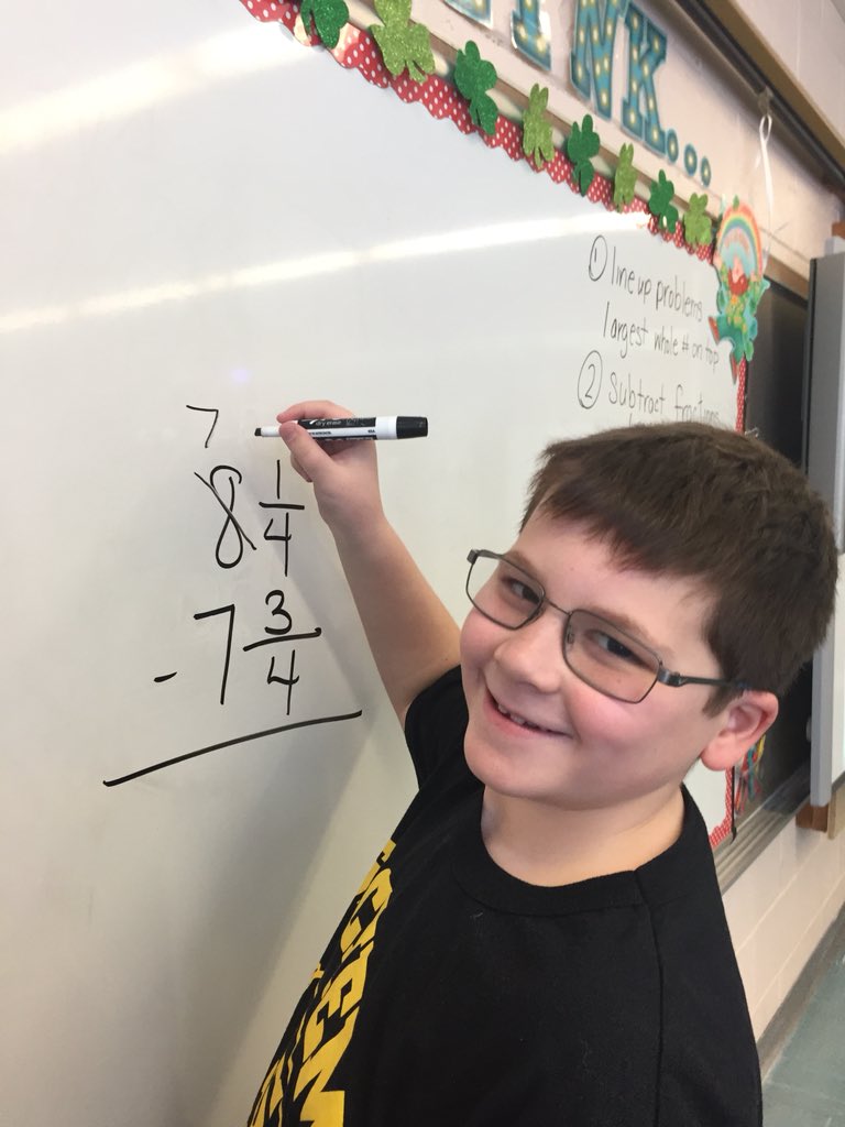 TuttonKinder's tweet photo. Subtracting mixed numbers! We don’t let a delay stop our learning !#fractionsarefun #gettingourworkdone @TuttonCoope4th @Nokobulldogs @SachemSchools https://t.co/t6US6p657A