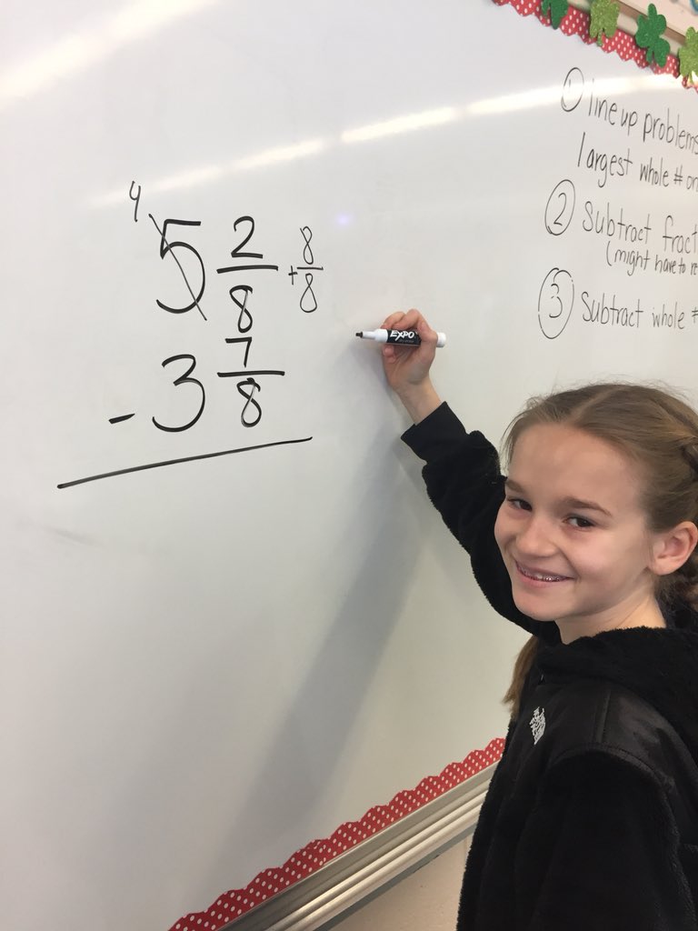TuttonKinder's tweet photo. Subtracting mixed numbers! We don’t let a delay stop our learning !#fractionsarefun #gettingourworkdone @TuttonCoope4th @Nokobulldogs @SachemSchools https://t.co/t6US6p657A
