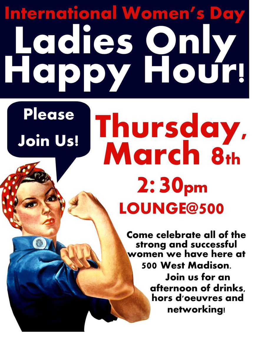 Happy International Women's Day! Ladies, make sure to join us today in the LOUNGE@500 to celebrate with some drinks and appetizers!